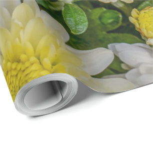 Papier Cadeau Chrysanthème Floral Jaune Vert Blanc Blanc