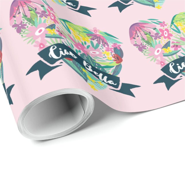 Papier Cadeau Ciao Bella Cute Coeur Floral avec Fleurs Tropicale (Coin rond)