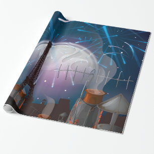 Papier Cadeau Ciel de Paris dessiné avec feux d'artifice