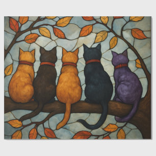 Papier Cadeau Cinq chats sur une branche d'arbre de style vitrai