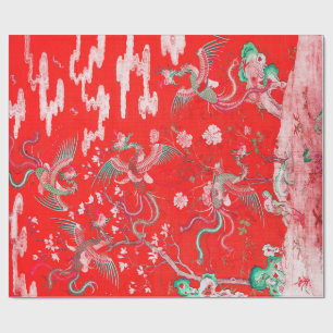 Papier Cadeau Cinq Phénix dans le jardin Fleurs rouges chinoises