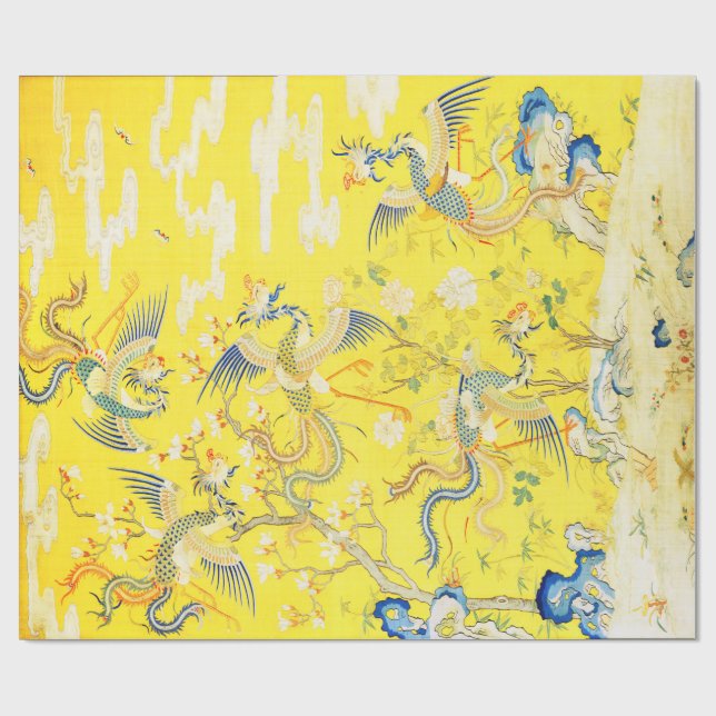 Papier Cadeau Cinq Phoenix dans Jardin chinois jaune floral (Plat)