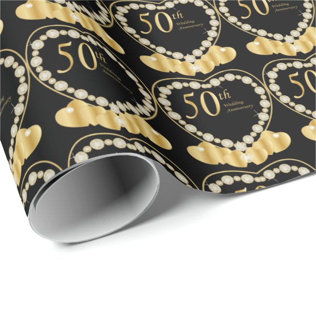 Papier Cadeau Cinquantième coeurs élégants d'anniversaire de (Coin rond)