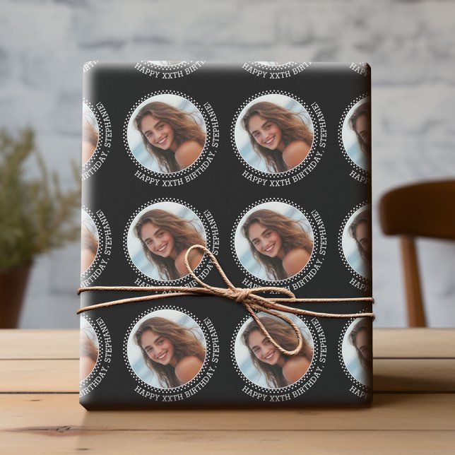 Papier Cadeau Circle One photo avec voeux d'anniversaire - Noir (Custom Birthday Wrapping Paper with Photo)
