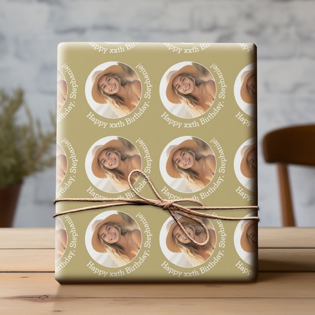 Papier Cadeau Circle One photo avec voeux d'anniversaire - Or (Custom Birthday Wrapping Paper with Photo)