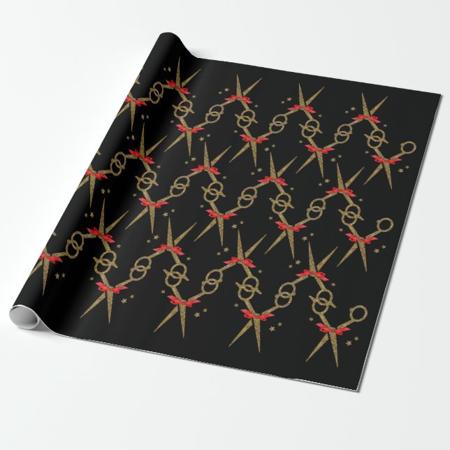 Papier Cadeau Ciseaux de parties scintillant d'or - Coiffeur (Déroulé)