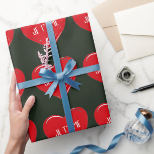 Papier Cadeau Citation romantique française Je T'Aime Cœur rouge