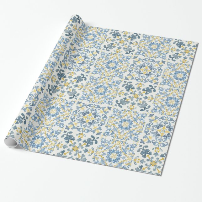 Papier Cadeau Citron en carrelage bleu italien (Déroulé)