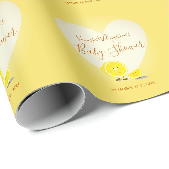 Papier Cadeau Citron et citron en tranche Baby shower Coeur Jaun (Coin rond)