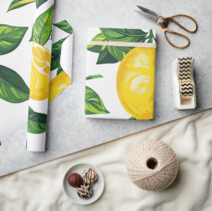 Papier Cadeau Citron frais méditerranéen et feuilles vertes 