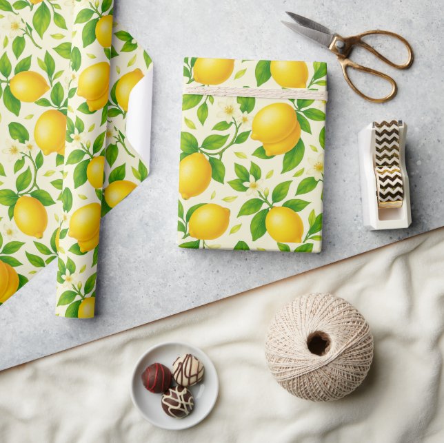 Papier Cadeau Citrons et fleurs d'aquarelle - Citrus frais (Artisanat)