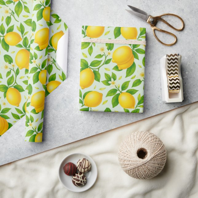 Papier Cadeau Citrons et fleurs d'aquarelle - Citrus frais (Artisanat)