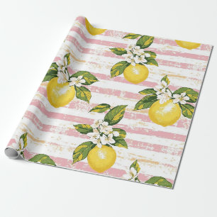 Papier Cadeau Citrons et fleurs vintages sur bandes rose et blan