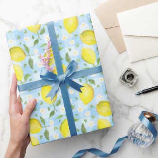 Papier Cadeau Citrons et Marguerites Carreaux Bleus