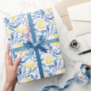 Papier Cadeau Citrons Feuille Bleu Sicile Italien Anniversaire