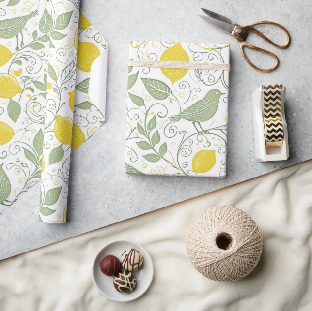 Papier Cadeau Citrons, Feuilles et oiseaux frais ID1052 (Artisanat)