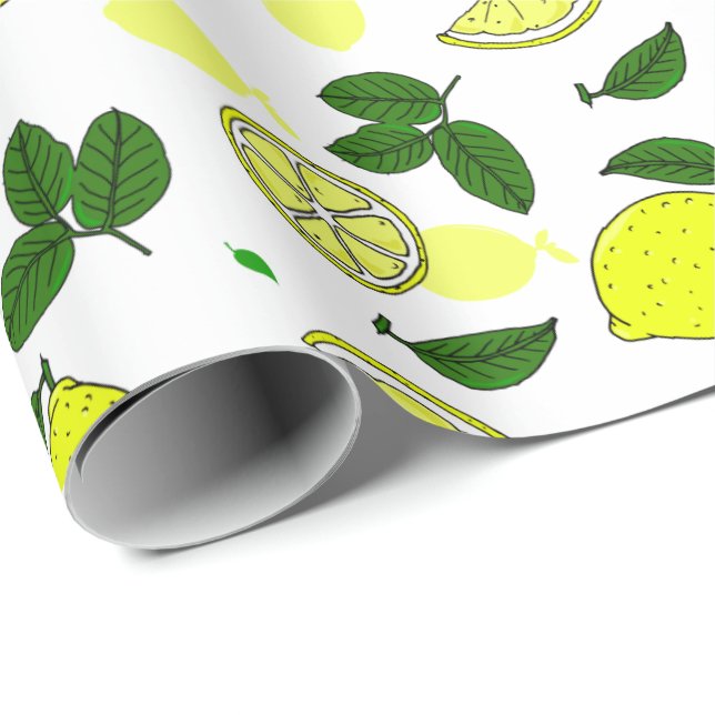 Papier Cadeau Citrons jaunes et Feuille Motif illustré (Coin rond)
