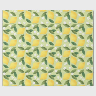 Papier Cadeau Citrons jaunes, Feuilles verts et fleurs blanches