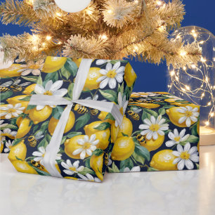 Papier Cadeau Citrons jaunes frais avec abeilles affairées et fl