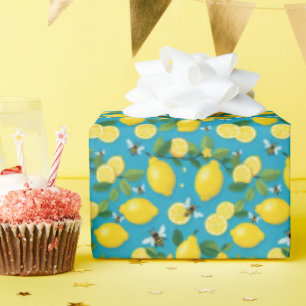 Papier Cadeau Citrons Jaunes Frais Et Abeilles Actives Turquoise