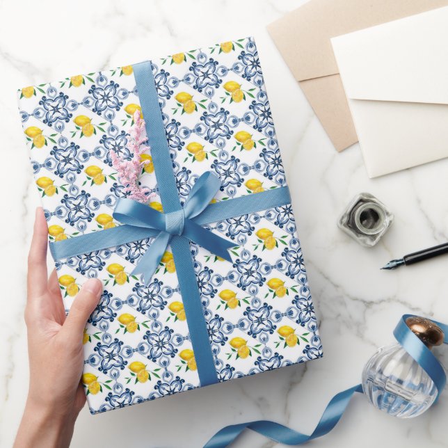Papier Cadeau Citrons & Motif bleu carrelage marocain (Cadeaux)
