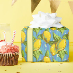 Papier Cadeau Citrons sur fond bleu