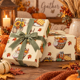 Papier Cadeau Citrouille de récolte d'automne crème Tournesol