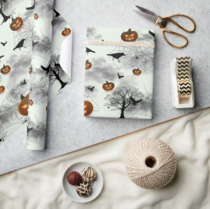 Papier Cadeau Citrouille d'Halloween et corbeau