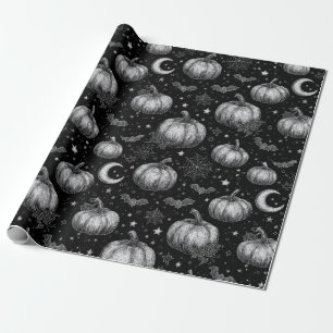 Papier Cadeau Citrouille d'Halloween noir et blanc, chauve-souri