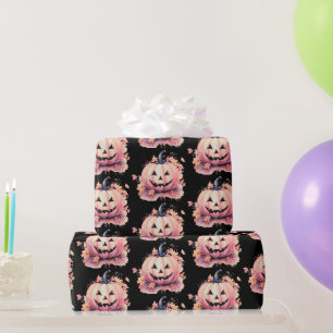 Papier Cadeau Citrouille Orange Feuilles Noires Halloween