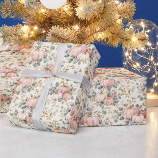 Papier Cadeau Citrouille Rose Chic Fleur d'automne à l'aquarelle