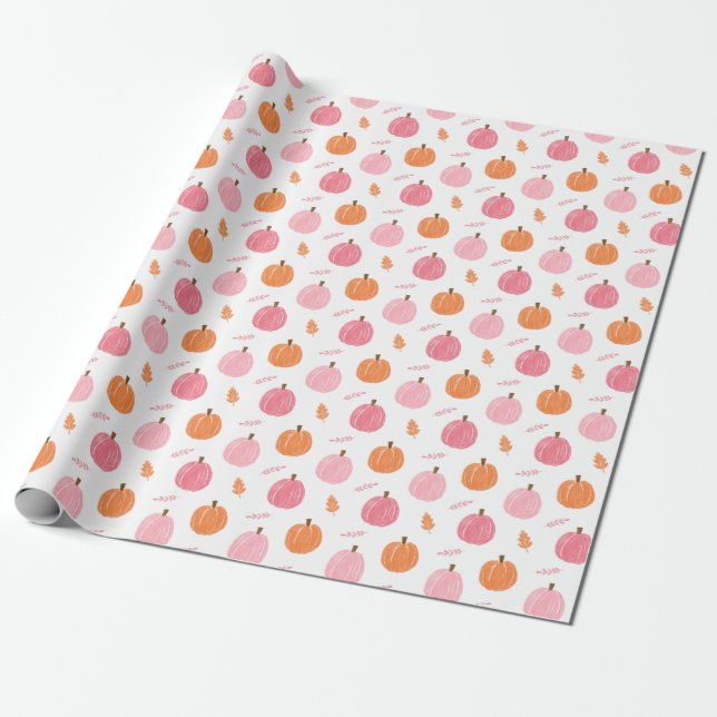 Papier Cadeau Citrouille  rose orange Motif Feuille (Déroulé)