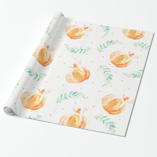 Papier Cadeau Citrouilles d'aquarelle d'automne et lauriers vert