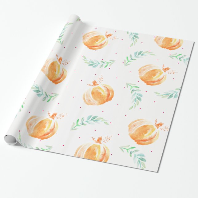 Papier Cadeau Citrouilles d'aquarelle d'automne et lauriers vert (Déroulé)