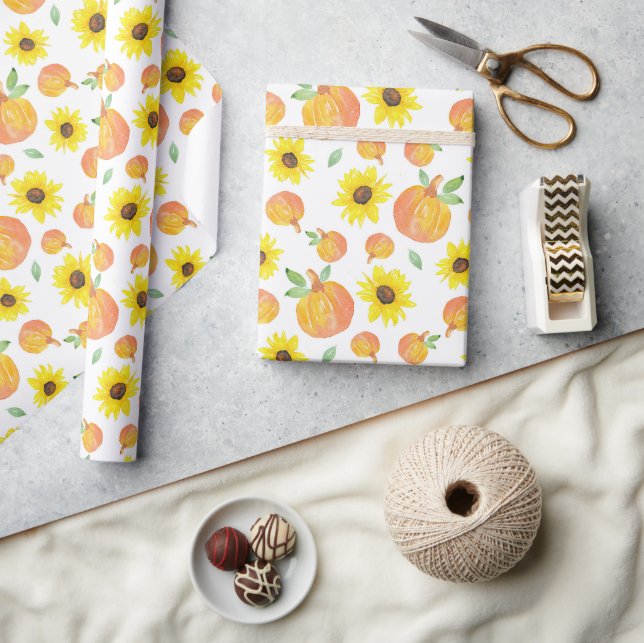 Papier Cadeau Citrouilles d'aquarelle et tournesols (Artisanat)