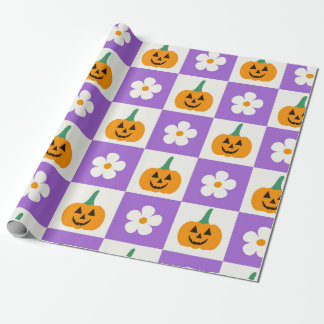 Papier Cadeau Citrouilles d'Halloween à carreaux et fleurs rétro