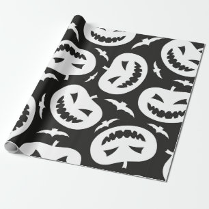 Papier Cadeau Citrouilles d'halloween blanc et chauves-souris is