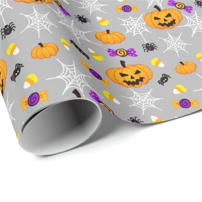 Papier Cadeau Citrouilles d'Halloween mignon et Motif des araign (Coin rond)