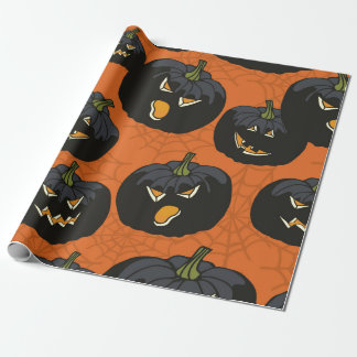 Papier Cadeau Citrouilles d'Halloween noirs sur Orange
