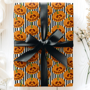 Papier Cadeau Citrouilles d'Halloween Rayures Motif Jack O'Lante