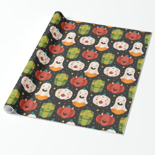 Papier Cadeau Citrouilles et gourmands d'Halloween