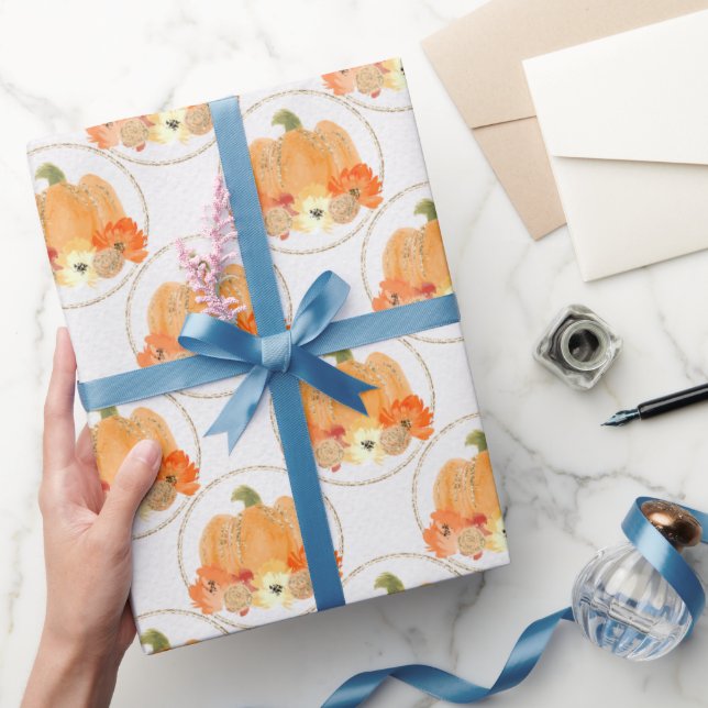 Papier Cadeau Citrouilles orange et blanc dans les cercles de gl (Cadeaux)