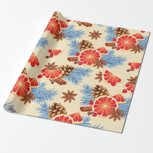 Papier Cadeau Citrus rouge bleu et épices Joyeux Noël (Déroulé)