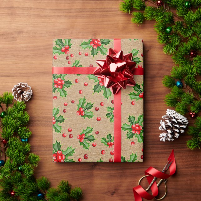 Papier Cadeau Classic Holiday Green Holly Red Berries (Cadeau de vacances)