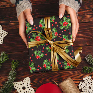 Papier Cadeau Classic Holiday Green Holly Red Berries Motif