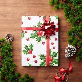Papier Cadeau Classic Holiday Holly Tree Feuilles Berries Motif