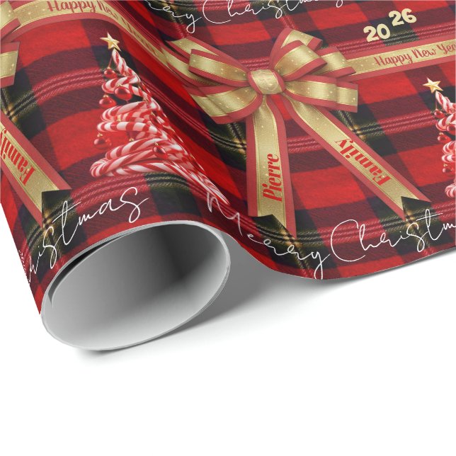 Papier Cadeau Classic Holiday Plaid -Family Name (Coin rond)