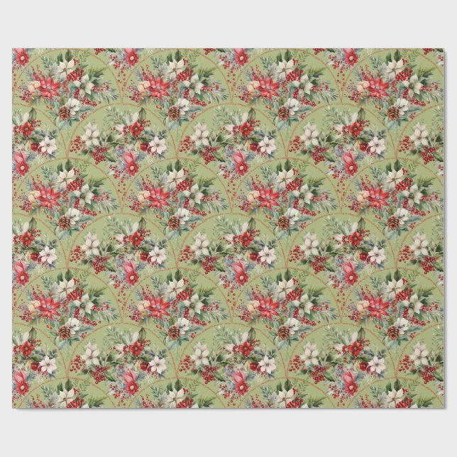 Papier Cadeau Classic Poinsettia & Berry Holiday Wrapping Paper (Plat)