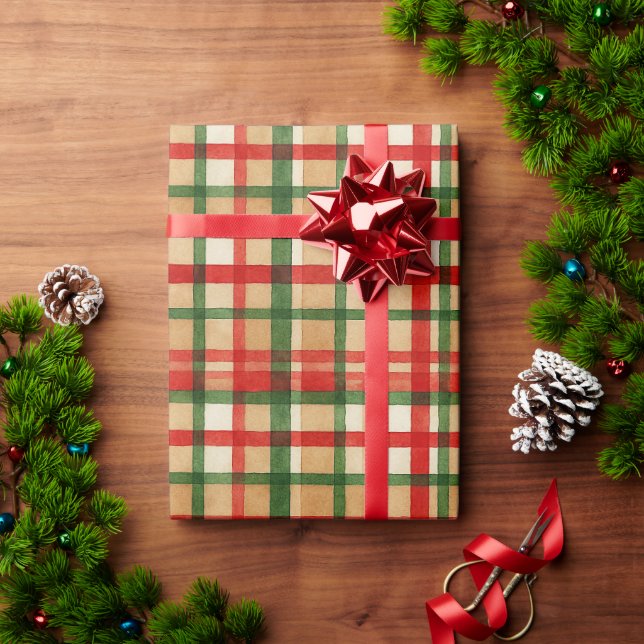 Papier Cadeau Classic Vert Aquarelle Rouge Motif d'art plaid (Cadeau de vacances)