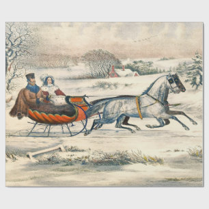 Papier Cadeau Classique 1853 Promenade en traîneau Currier Ives 